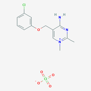 molecular formula C13H15Cl2N3O5 B2977494 4-Amino-5-(3-chlorophenoxymethyl)-1,2-dimethylpyrimidin-1-ium perchlorate CAS No. 99394-27-1