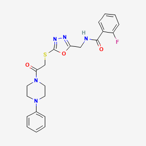 molecular formula C22H22FN5O3S B2977509 2-fluoro-N-[[5-[2-oxo-2-(4-phenylpiperazin-1-yl)ethyl]sulfanyl-1,3,4-oxadiazol-2-yl]methyl]benzamide CAS No. 851860-73-6