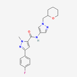 molecular formula C20H22FN5O2 B2977526 3-(4-fluorophenyl)-1-methyl-N-(1-((tetrahydro-2H-pyran-2-yl)methyl)-1H-pyrazol-4-yl)-1H-pyrazole-5-carboxamide CAS No. 2034228-86-7