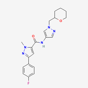 molecular formula C20H22FN5O2 B2977526 3-(4-氟苯基)-1-甲基-N-(1-((四氢-2H-吡喃-2-基)甲基)-1H-吡唑-4-基)-1H-吡唑-5-甲酰胺 CAS No. 2034228-86-7