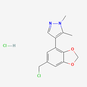 molecular formula C13H14Cl2N2O2 B2977547 4-[6-(Chloromethyl)-1,3-benzodioxol-4-yl]-1,5-dimethylpyrazole;hydrochloride CAS No. 2241140-30-5