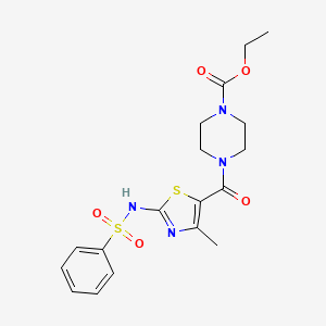 molecular formula C18H22N4O5S2 B2977586 Ethyl 4-(4-methyl-2-(phenylsulfonamido)thiazole-5-carbonyl)piperazine-1-carboxylate CAS No. 941967-02-8