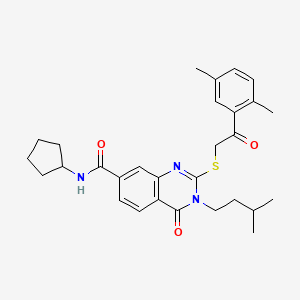 molecular formula C29H35N3O3S B2977592 N-cyclopentyl-2-((2-(2,5-dimethylphenyl)-2-oxoethyl)thio)-3-isopentyl-4-oxo-3,4-dihydroquinazoline-7-carboxamide CAS No. 1113136-98-3