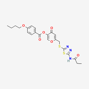 molecular formula C22H23N3O6S2 B2977633 4-oxo-6-(((5-propionamido-1,3,4-thiadiazol-2-yl)thio)methyl)-4H-pyran-3-yl 4-butoxybenzoate CAS No. 896017-84-8