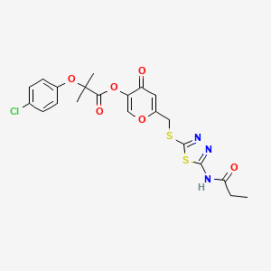 molecular formula C21H20ClN3O6S2 B2977642 4-oxo-6-(((5-propionamido-1,3,4-thiadiazol-2-yl)thio)methyl)-4H-pyran-3-yl 2-(4-chlorophenoxy)-2-methylpropanoate CAS No. 896007-20-8