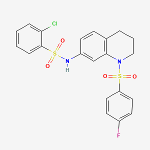 molecular formula C21H18ClFN2O4S2 B2977647 2-chloro-N-(1-((4-fluorophenyl)sulfonyl)-1,2,3,4-tetrahydroquinolin-7-yl)benzenesulfonamide CAS No. 951460-59-6