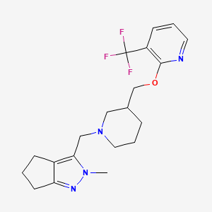 molecular formula C20H25F3N4O B2977694 2-Methyl-3-[[3-[[3-(trifluoromethyl)pyridin-2-yl]oxymethyl]piperidin-1-yl]methyl]-5,6-dihydro-4H-cyclopenta[c]pyrazole CAS No. 2380041-21-2