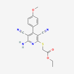 molecular formula C18H16N4O3S B2977712 2-[6-氨基-3,5-二氰基-4-(4-甲氧基苯基)吡啶-2-基]硫代乙酸乙酯 CAS No. 361477-99-8