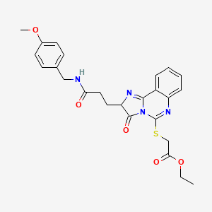 molecular formula C25H26N4O5S B2977762 ethyl 2-{[2-(2-{[(4-methoxyphenyl)methyl]carbamoyl}ethyl)-3-oxo-2H,3H-imidazo[1,2-c]quinazolin-5-yl]sulfanyl}acetate CAS No. 1037168-60-7