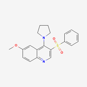 molecular formula C20H20N2O3S B2977810 3-(Benzenesulfonyl)-6-methoxy-4-(pyrrolidin-1-yl)quinoline CAS No. 866811-75-8