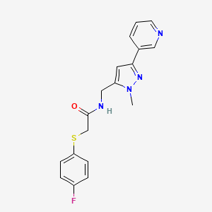 molecular formula C18H17FN4OS B2977814 2-((4-fluorophenyl)thio)-N-((1-methyl-3-(pyridin-3-yl)-1H-pyrazol-5-yl)methyl)acetamide CAS No. 2034605-11-1