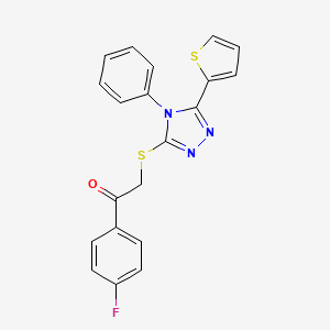 molecular formula C20H14FN3OS2 B2977860 1-(4-fluorophenyl)-2-((4-phenyl-5-(thiophen-2-yl)-4H-1,2,4-triazol-3-yl)thio)ethanone CAS No. 325694-26-6