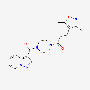 molecular formula C20H23N5O3 B2977904 3-(3,5-Dimethylisoxazol-4-yl)-1-(4-(pyrazolo[1,5-a]pyridine-3-carbonyl)piperazin-1-yl)propan-1-one CAS No. 1421583-99-4