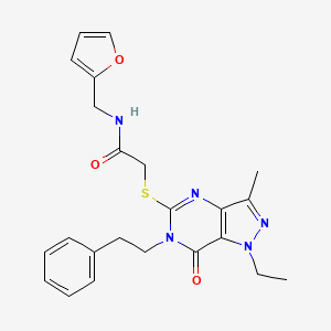 molecular formula C23H25N5O3S B2977935 2-[(1-ethyl-3-methyl-7-oxo-6-phenethyl-6,7-dihydro-1H-pyrazolo[4,3-d]pyrimidin-5-yl)sulfanyl]-N~1~-(2-furylmethyl)acetamide CAS No. 1358628-70-2
