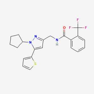 molecular formula C21H20F3N3OS B2977971 N-((1-环戊基-5-(噻吩-2-基)-1H-吡唑-3-基)甲基)-2-(三氟甲基)苯甲酰胺 CAS No. 1421513-17-8