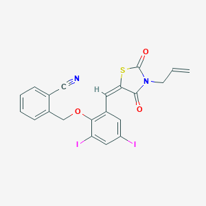 molecular formula C21H14I2N2O3S B297799 2-[(2-{(E)-[2,4-dioxo-3-(prop-2-en-1-yl)-1,3-thiazolidin-5-ylidene]methyl}-4,6-diiodophenoxy)methyl]benzonitrile 