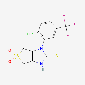 molecular formula C12H10ClF3N2O2S2 B2978010 1-(2-chloro-5-(trifluoromethyl)phenyl)-2-mercapto-3a,4,6,6a-tetrahydro-1H-thieno[3,4-d]imidazole 5,5-dioxide CAS No. 887833-91-2