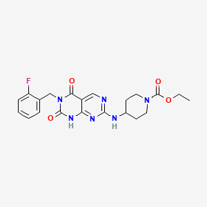 molecular formula C21H23FN6O4 B2978090 Ethyl 4-((6-(2-fluorobenzyl)-5,7-dioxo-5,6,7,8-tetrahydropyrimido[4,5-d]pyrimidin-2-yl)amino)piperidine-1-carboxylate CAS No. 1421522-96-4