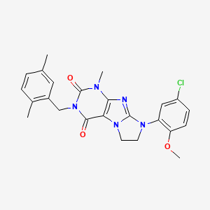 molecular formula C24H24ClN5O3 B2978165 3-[(2,5-Dimethylphenyl)methyl]-8-(5-chloro-2-methoxyphenyl)-1-methyl-1,3,5-tri hydroimidazolidino[1,2-h]purine-2,4-dione CAS No. 922462-41-7