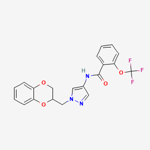 molecular formula C20H16F3N3O4 B2978176 N-(1-((2,3-dihydrobenzo[b][1,4]dioxin-2-yl)methyl)-1H-pyrazol-4-yl)-2-(trifluoromethoxy)benzamide CAS No. 1798659-32-1