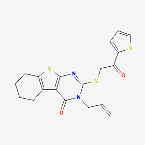 molecular formula C19H18N2O2S3 B2978186 3-烯丙基-2-{[2-氧代-2-(2-噻吩基)乙基]硫代}-5,6,7,8-四氢[1]苯并噻吩[2,3-d]嘧啶-4(3H)-酮 CAS No. 304862-68-8