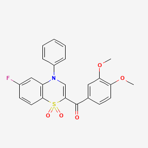 molecular formula C23H18FNO5S B2978225 (3,4-dimethoxyphenyl)(6-fluoro-1,1-dioxido-4-phenyl-4H-1,4-benzothiazin-2-yl)methanone CAS No. 1114652-52-6