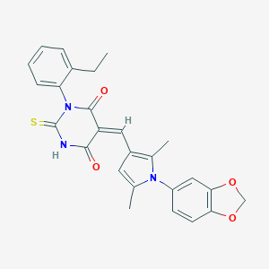 molecular formula C26H23N3O4S B297825 5-{[1-(1,3-benzodioxol-5-yl)-2,5-dimethyl-1H-pyrrol-3-yl]methylene}-1-(2-ethylphenyl)-2-thioxodihydro-4,6(1H,5H)-pyrimidinedione 