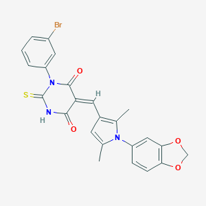 molecular formula C24H18BrN3O4S B297826 5-{[1-(1,3-benzodioxol-5-yl)-2,5-dimethyl-1H-pyrrol-3-yl]methylene}-1-(3-bromophenyl)-2-thioxodihydro-4,6(1H,5H)-pyrimidinedione 
