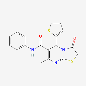 molecular formula C18H15N3O2S2 B2978265 7-methyl-3-oxo-N-phenyl-5-(thiophen-2-yl)-3,5-dihydro-2H-thiazolo[3,2-a]pyrimidine-6-carboxamide CAS No. 445404-88-6