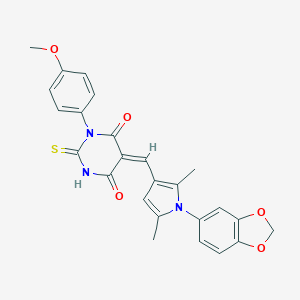 molecular formula C25H21N3O5S B297827 5-{[1-(1,3-benzodioxol-5-yl)-2,5-dimethyl-1H-pyrrol-3-yl]methylene}-1-(4-methoxyphenyl)-2-thioxodihydro-4,6(1H,5H)-pyrimidinedione 