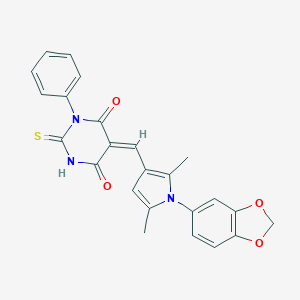 molecular formula C24H19N3O4S B297828 5-{[1-(1,3-benzodioxol-5-yl)-2,5-dimethyl-1H-pyrrol-3-yl]methylene}-1-phenyl-2-thioxodihydro-4,6(1H,5H)-pyrimidinedione 