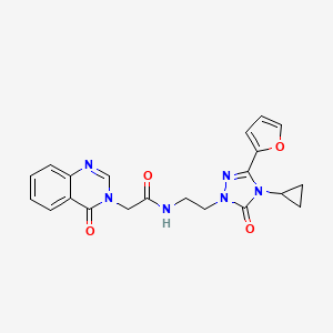 molecular formula C21H20N6O4 B2978287 N-(2-(4-cyclopropyl-3-(furan-2-yl)-5-oxo-4,5-dihydro-1H-1,2,4-triazol-1-yl)ethyl)-2-(4-oxoquinazolin-3(4H)-yl)acetamide CAS No. 1797738-14-7