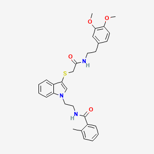 molecular formula C30H33N3O4S B2978340 N-[2-[3-[2-[2-(3,4-二甲氧基苯基)乙氨基]-2-氧代乙基]巯基吲哚-1-基]乙基]-2-甲基苯甲酰胺 CAS No. 532970-35-7