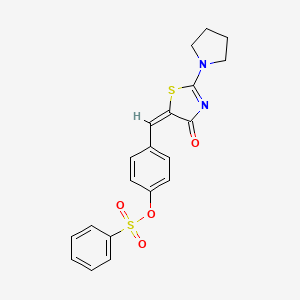 molecular formula C20H18N2O4S2 B2978356 (E)-4-((4-oxo-2-(pyrrolidin-1-yl)thiazol-5(4H)-ylidene)methyl)phenyl benzenesulfonate CAS No. 844646-87-3