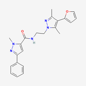 molecular formula C22H23N5O2 B2978362 N-(2-(4-(呋喃-2-基)-3,5-二甲基-1H-吡唑-1-基)乙基)-1-甲基-3-苯基-1H-吡唑-5-甲酰胺 CAS No. 2034374-03-1