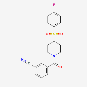 molecular formula C19H17FN2O3S B2978374 3-(4-((4-Fluorophenyl)sulfonyl)piperidine-1-carbonyl)benzonitrile CAS No. 1448072-67-0
