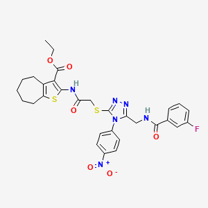 ethyl 2-(2-((5-((3-fluorobenzamido)methyl)-4-(4-nitrophenyl)-4H-1,2,4-triazol-3-yl)thio)acetamido)-5,6,7,8-tetrahydro-4H-cyclohepta[b]thiophene-3-carboxylate