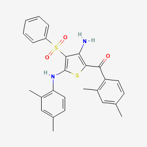 molecular formula C27H26N2O3S2 B2978456 (3-Amino-5-((2,4-dimethylphenyl)amino)-4-(phenylsulfonyl)thiophen-2-yl)(2,4-dimethylphenyl)methanone CAS No. 892289-19-9