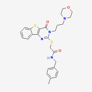 molecular formula C27H30N4O3S2 B2978497 N-[(4-methylphenyl)methyl]-2-[[3-(3-morpholin-4-ylpropyl)-4-oxo-[1]benzothiolo[3,2-d]pyrimidin-2-yl]sulfanyl]acetamide CAS No. 866016-41-3