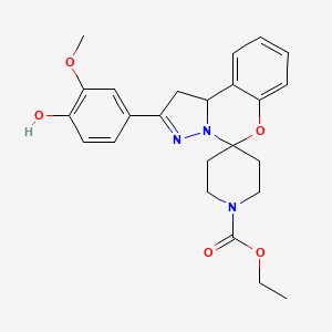 molecular formula C24H27N3O5 B2978520 Ethyl 2-(4-hydroxy-3-methoxyphenyl)-1,10b-dihydrospiro[benzo[e]pyrazolo[1,5-c][1,3]oxazine-5,4'-piperidine]-1'-carboxylate CAS No. 899727-75-4