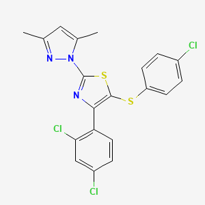 molecular formula C20H14Cl3N3S2 B2978586 5-(4-氯苯基)硫代-4-(2,4-二氯苯基)-2-(3,5-二甲基吡唑-1-基)-1,3-噻唑 CAS No. 956394-94-8