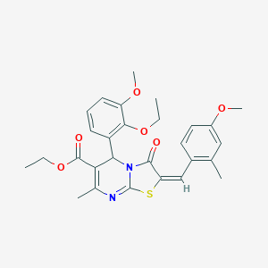 molecular formula C28H30N2O6S B297865 ethyl 5-(2-ethoxy-3-methoxyphenyl)-2-(4-methoxy-2-methylbenzylidene)-7-methyl-3-oxo-2,3-dihydro-5H-[1,3]thiazolo[3,2-a]pyrimidine-6-carboxylate 