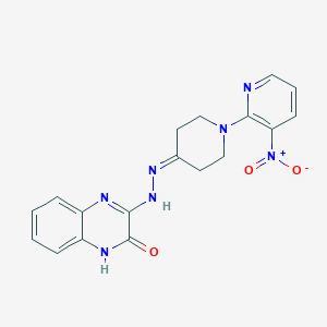 molecular formula C18H17N7O3 B2978664 3-{2-[1-(3-硝基-2-吡啶基)-4-哌啶基亚氨基]-肼基}-2(1H)-喹喔啉酮 CAS No. 338412-87-6