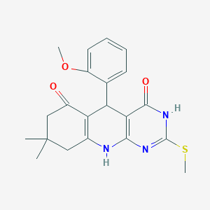 molecular formula C21H23N3O3S B2978677 5-(2-methoxyphenyl)-8,8-dimethyl-2-(methylsulfanyl)-5,8,9,10-tetrahydropyrimido[4,5-b]quinoline-4,6(3H,7H)-dione CAS No. 537044-10-3