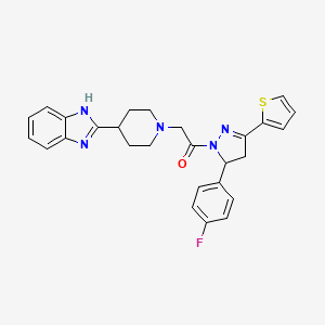 molecular formula C27H26FN5OS B2978697 2-(4-(1H-benzo[d]imidazol-2-yl)piperidin-1-yl)-1-(5-(4-fluorophenyl)-3-(thiophen-2-yl)-4,5-dihydro-1H-pyrazol-1-yl)ethanone CAS No. 887216-79-7