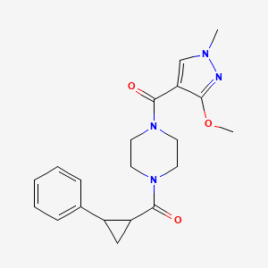 molecular formula C20H24N4O3 B2978700 (3-methoxy-1-methyl-1H-pyrazol-4-yl)(4-(2-phenylcyclopropanecarbonyl)piperazin-1-yl)methanone CAS No. 1209620-25-6