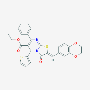 molecular formula C28H22N2O5S2 B297871 ethyl 2-(2,3-dihydro-1,4-benzodioxin-6-ylmethylene)-3-oxo-7-phenyl-5-(2-thienyl)-2,3-dihydro-5H-[1,3]thiazolo[3,2-a]pyrimidine-6-carboxylate 