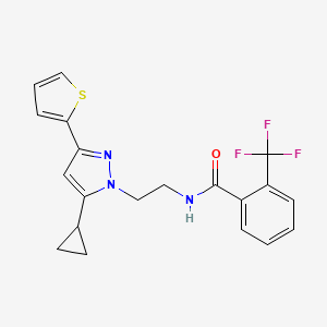 molecular formula C20H18F3N3OS B2978761 N-(2-(5-cyclopropyl-3-(thiophen-2-yl)-1H-pyrazol-1-yl)ethyl)-2-(trifluoromethyl)benzamide CAS No. 1797816-68-2