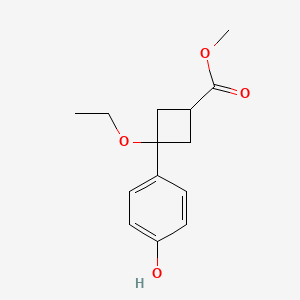 molecular formula C14H18O4 B2978780 甲基3-乙氧基-3-(4-羟基苯基)环丁烷-1-羧酸乙酯 CAS No. 2171918-02-6