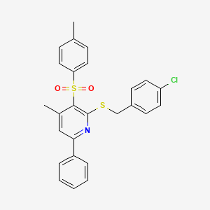 molecular formula C26H22ClNO2S2 B2978797 2-[(4-Chlorobenzyl)sulfanyl]-4-methyl-6-phenyl-3-pyridinyl 4-methylphenyl sulfone CAS No. 478245-26-0